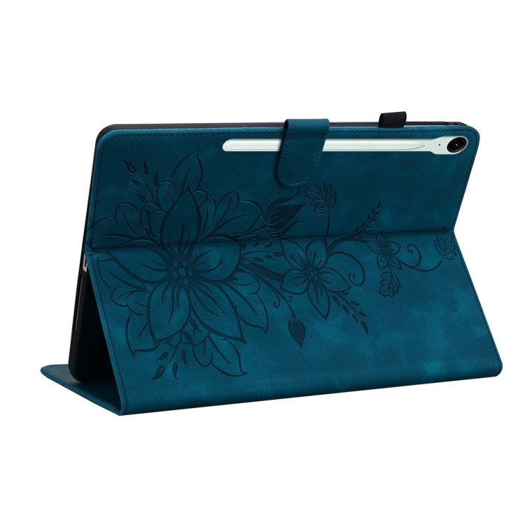 For Samsung Galaxy Tab S9 / S9 FE Lily Embossed Leather Tablet Case(Dark Blue)