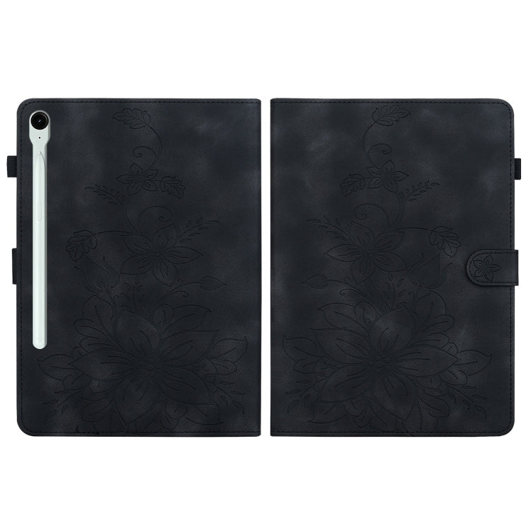 For Samsung Galaxy Tab S9 / S9 FE Lily Embossed Leather Tablet Case(Black)