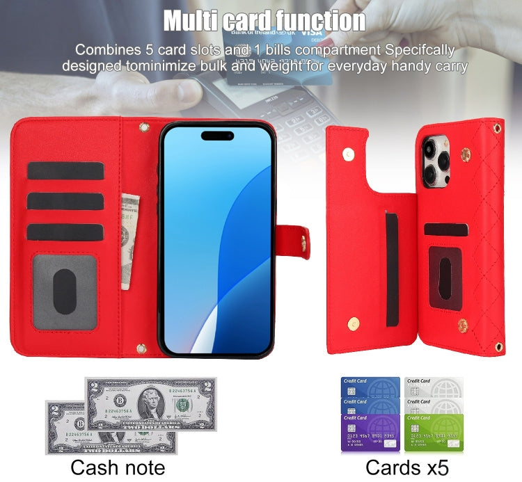 For iPhone 16 Pro Crossbody Multifunction Rhombic Leather Phone Case(Red)