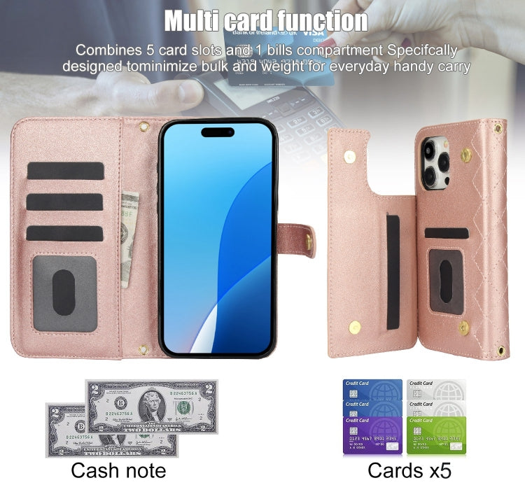For iPhone 16 Pro Crossbody Multifunction Rhombic Leather Phone Case(Rose Gold)