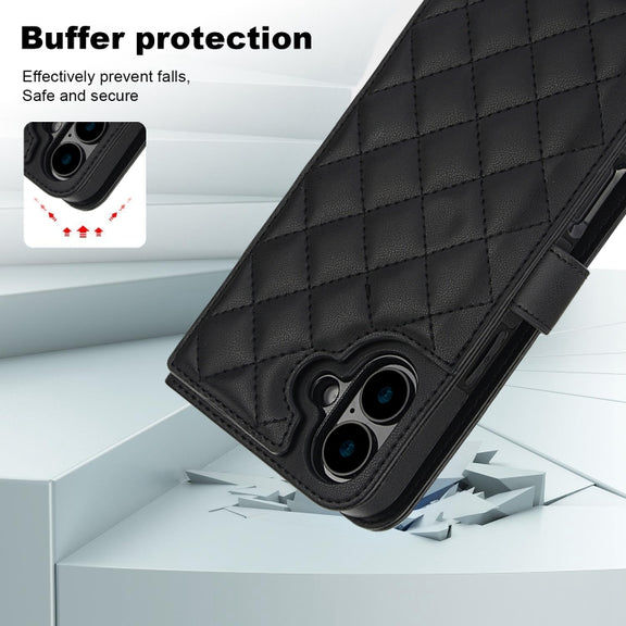 For iPhone 16 Plus Crossbody Multifunction Rhombic Leather Phone Case(Black)