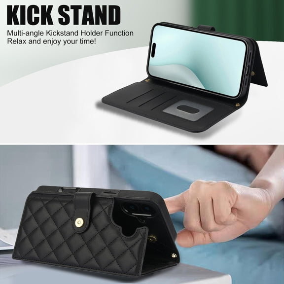 For iPhone 16 Plus Crossbody Multifunction Rhombic Leather Phone Case(Black)