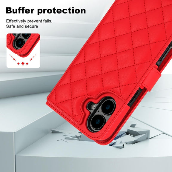 For iPhone 16 Plus Crossbody Multifunction Rhombic Leather Phone Case(Red)