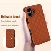 For iPhone 16 Plus Crossbody Multifunction Rhombic Leather Phone Case(Brown)