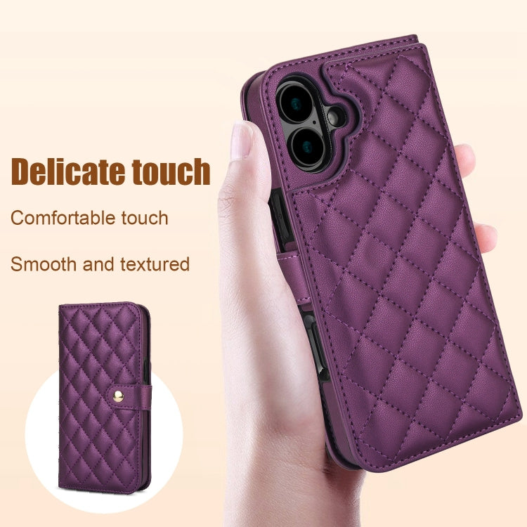 For iPhone 16 Crossbody Multifunction Rhombic Leather Phone Case(Dark Purple)