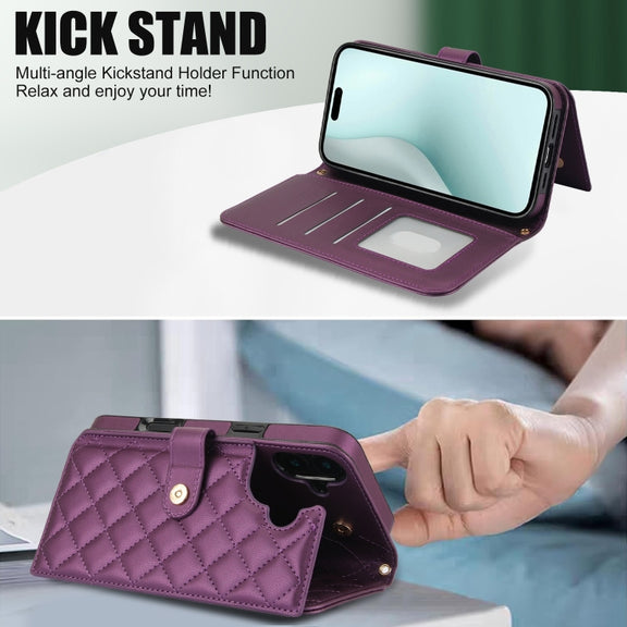 For iPhone 16 Crossbody Multifunction Rhombic Leather Phone Case(Dark Purple)