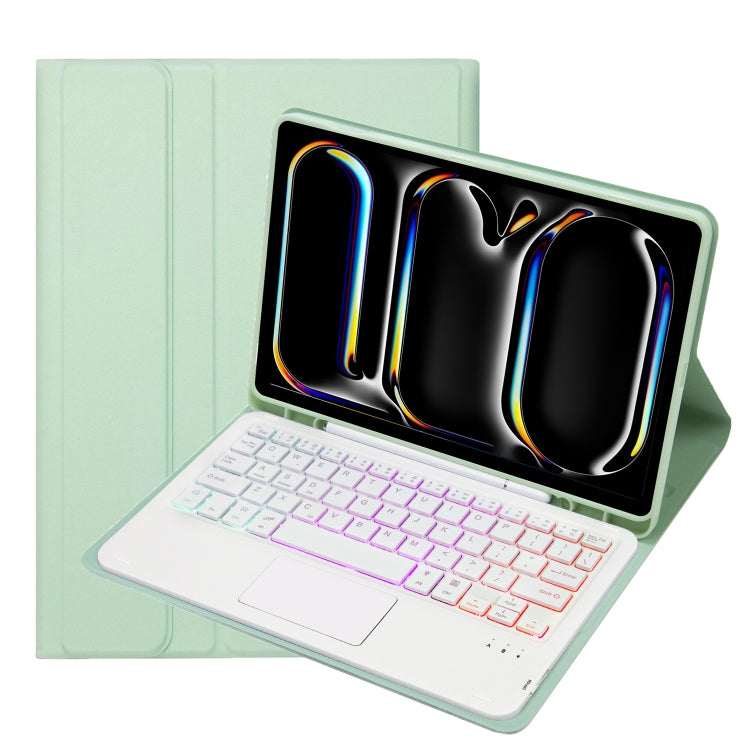 For iPad Pro 11 2024 A13B-AS Lambskin Texture Backlight Bluetooth Touch Keyboard Leather Tablet Case with Pen Slot(Light Green)