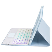 For iPad Pro 11 2024 A13B-AS Lambskin Texture Backlight Bluetooth Touch Keyboard Leather Tablet Case with Pen Slot(Light Blue)