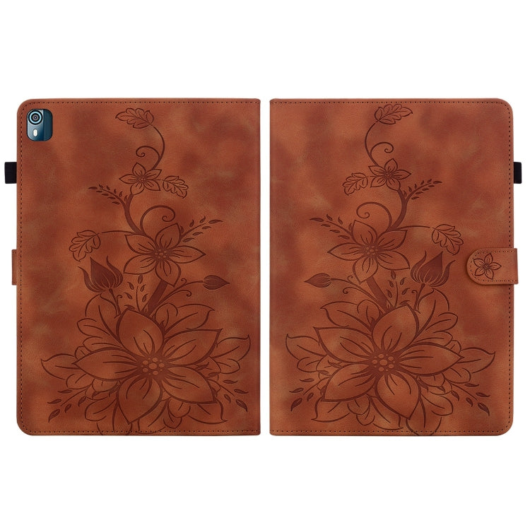 For Nokia T21 Lily Embossed Leather Tablet Case(Brown)