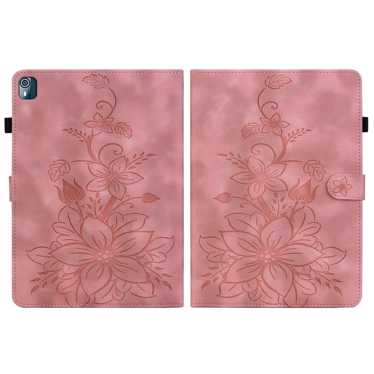 For Nokia T21 Lily Embossed Leather Tablet Case(Pink)