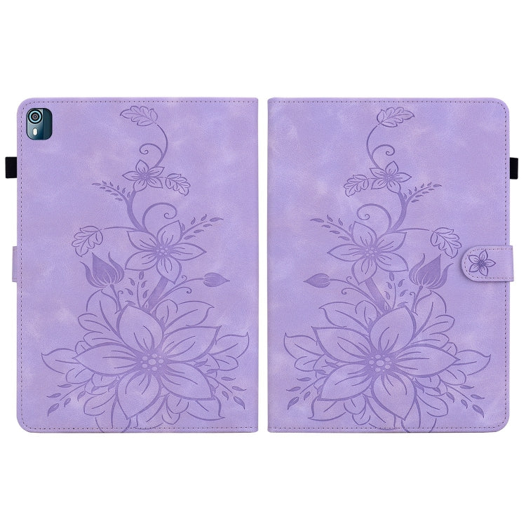 For Nokia T21 Lily Embossed Leather Tablet Case(Purple)