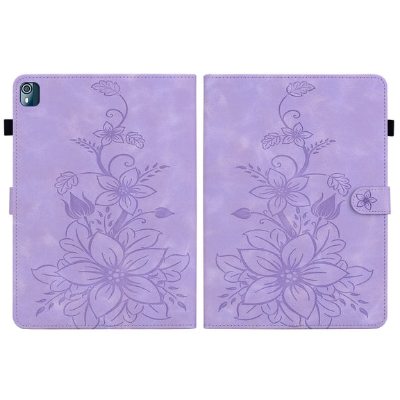 For Nokia T21 Lily Embossed Leather Tablet Case(Purple)