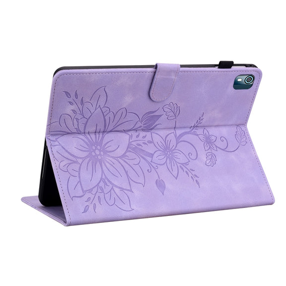 For Nokia T21 Lily Embossed Leather Tablet Case(Purple)