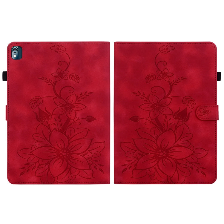 For Nokia T21 Lily Embossed Leather Tablet Case(Red)