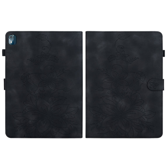 For Nokia T21 Lily Embossed Leather Tablet Case(Black)