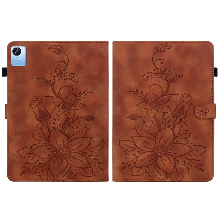 For Realme Pad X Lily Embossed Leather Tablet Case(Brown)