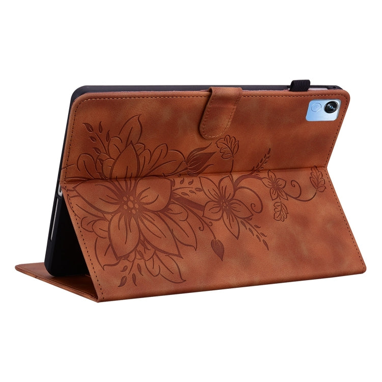 For Realme Pad X Lily Embossed Leather Tablet Case(Brown)