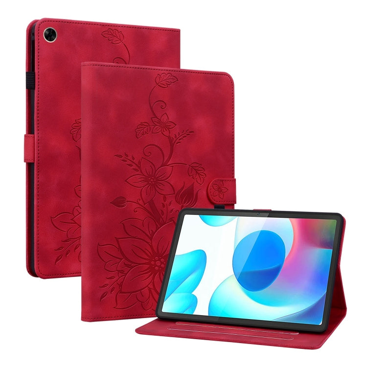 For Realme Pad 10.4 Lily Embossed Leather Tablet Case(Red)