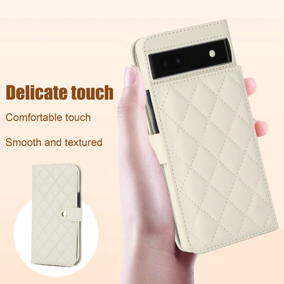 For Google Pixel 6a Crossbody Multifunction Rhombic Leather Phone Case(White)