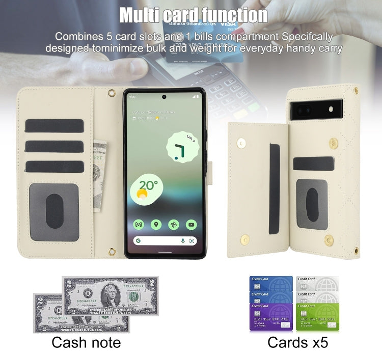For Google Pixel 6a Crossbody Multifunction Rhombic Leather Phone Case(White)