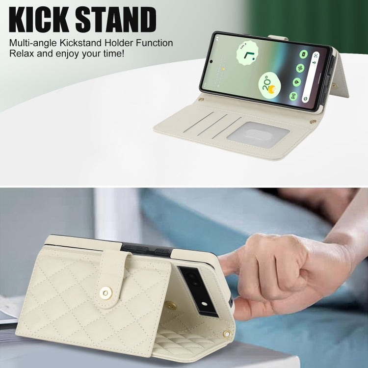 For Google Pixel 6a Crossbody Multifunction Rhombic Leather Phone Case(White)