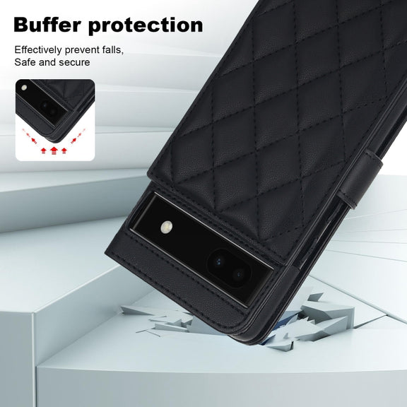 For Google Pixel 6a Crossbody Multifunction Rhombic Leather Phone Case(Black)