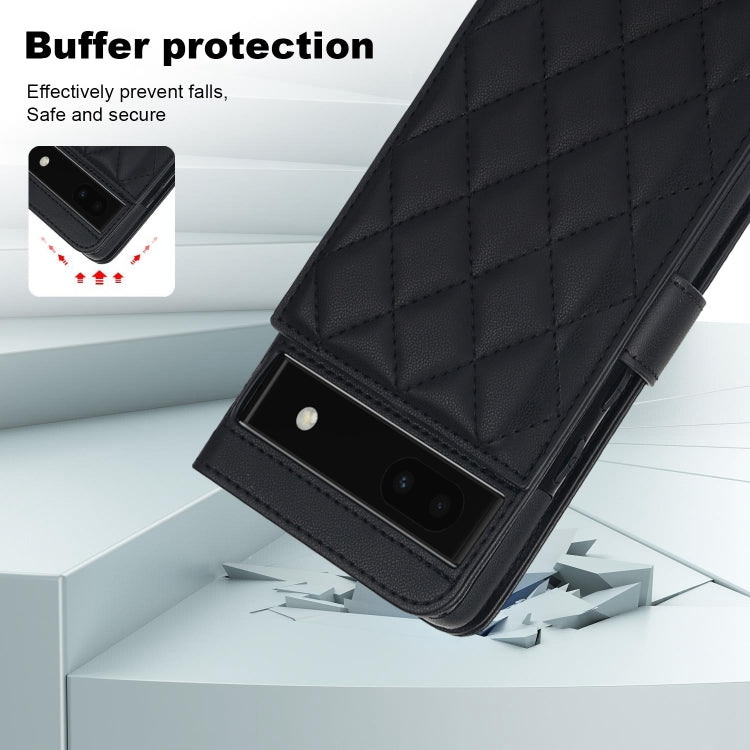 For Google Pixel 6a Crossbody Multifunction Rhombic Leather Phone Case(Black)