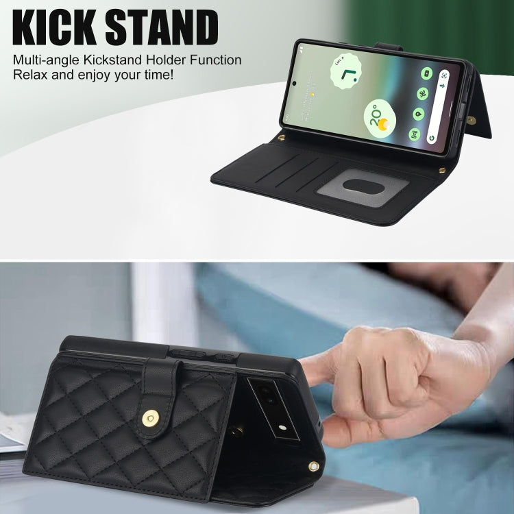 For Google Pixel 6a Crossbody Multifunction Rhombic Leather Phone Case(Black)