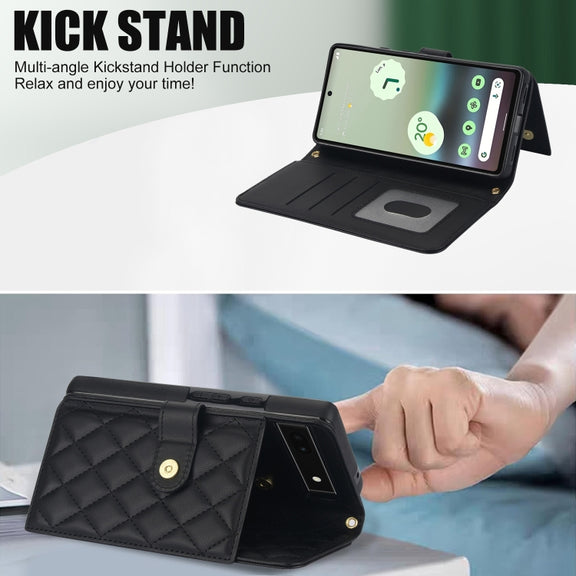 For Google Pixel 6a Crossbody Multifunction Rhombic Leather Phone Case(Black)