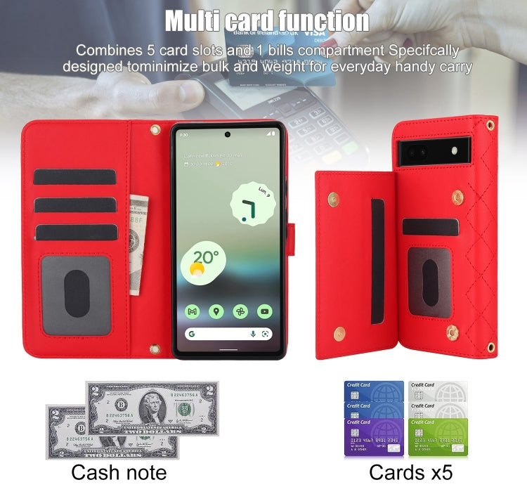 For Google Pixel 6a Crossbody Multifunction Rhombic Leather Phone Case(Red)