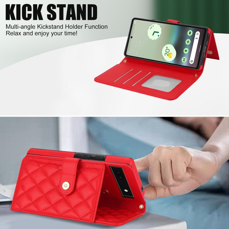 For Google Pixel 6a Crossbody Multifunction Rhombic Leather Phone Case(Red)