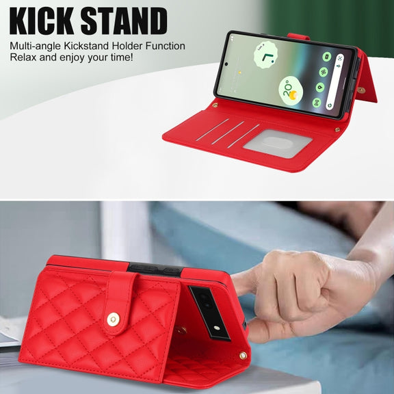 For Google Pixel 6a Crossbody Multifunction Rhombic Leather Phone Case(Red)