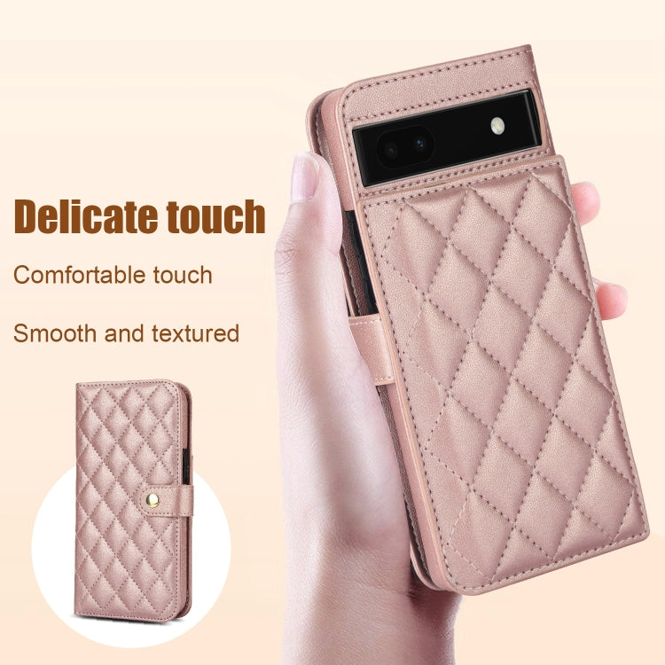 For Google Pixel 6a Crossbody Multifunction Rhombic Leather Phone Case(Rose Gold)