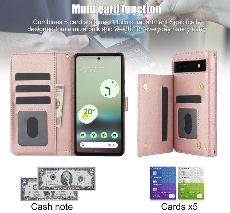 For Google Pixel 6a Crossbody Multifunction Rhombic Leather Phone Case(Rose Gold)