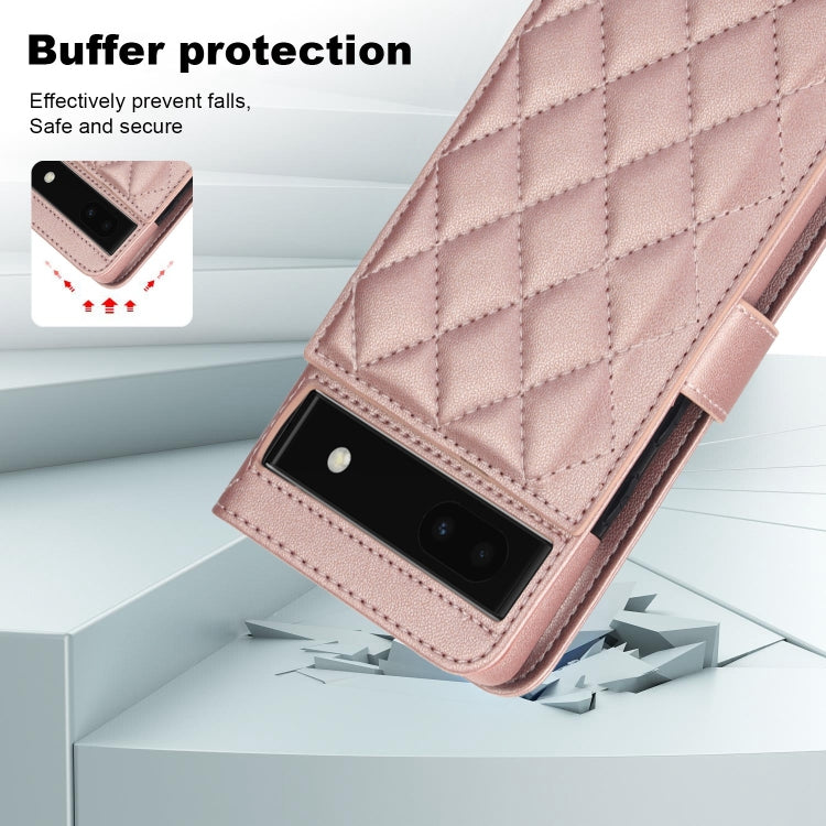 For Google Pixel 6a Crossbody Multifunction Rhombic Leather Phone Case(Rose Gold)
