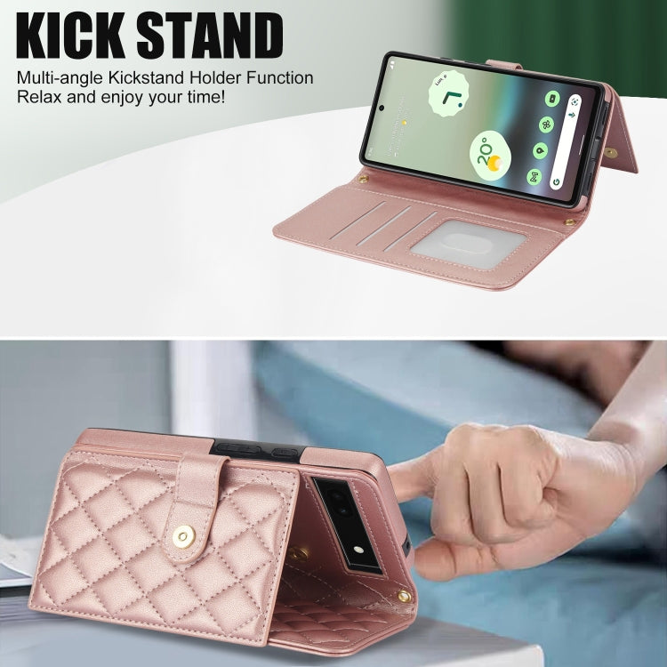 For Google Pixel 6a Crossbody Multifunction Rhombic Leather Phone Case(Rose Gold)