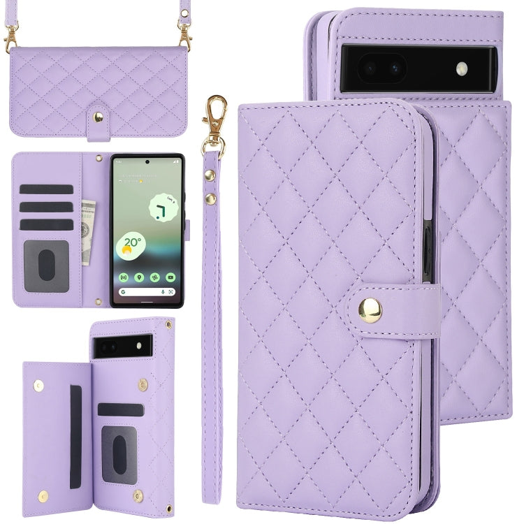 For Google Pixel 6a Crossbody Multifunction Rhombic Leather Phone Case(Purple)
