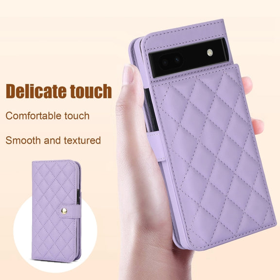For Google Pixel 6a Crossbody Multifunction Rhombic Leather Phone Case(Purple)