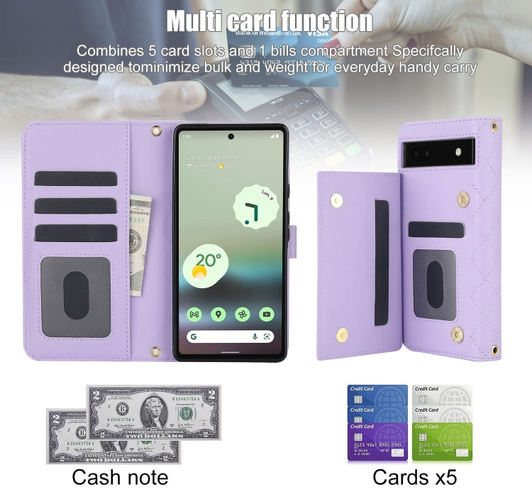 For Google Pixel 6a Crossbody Multifunction Rhombic Leather Phone Case(Purple)