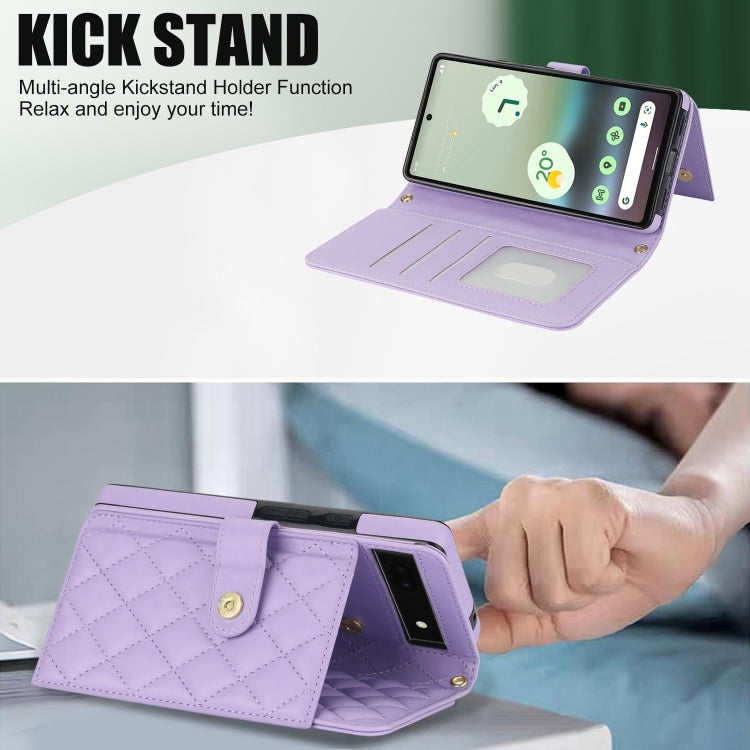For Google Pixel 6a Crossbody Multifunction Rhombic Leather Phone Case(Purple)