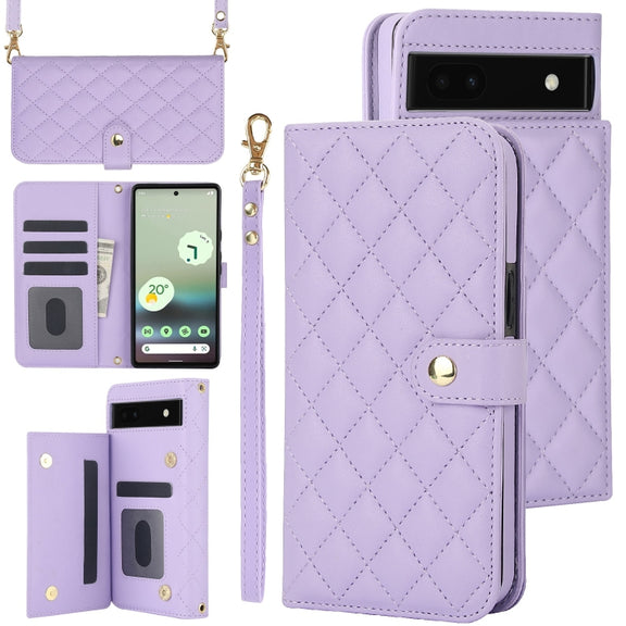 For Google Pixel 6a Crossbody Multifunction Rhombic Leather Phone Case(Purple)