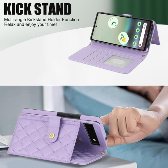 For Google Pixel 6a Crossbody Multifunction Rhombic Leather Phone Case(Purple)