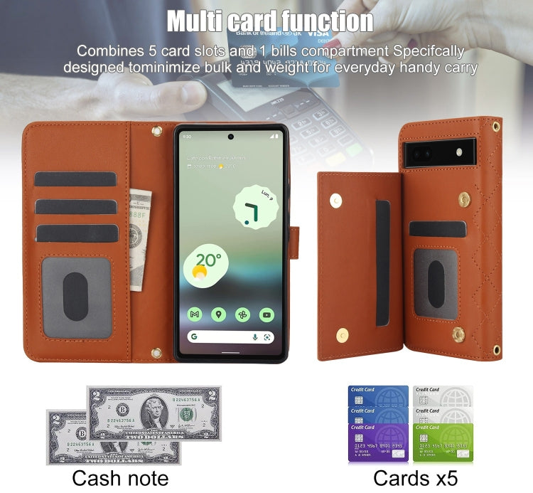 For Google Pixel 6a Crossbody Multifunction Rhombic Leather Phone Case(Brown)