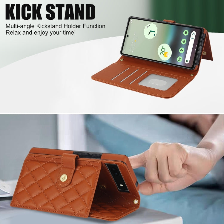For Google Pixel 6a Crossbody Multifunction Rhombic Leather Phone Case(Brown)