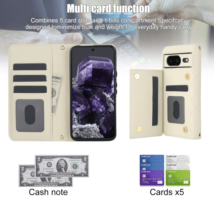 For Google Pixel 8 Crossbody Multifunction Rhombic Leather Phone Case(White)