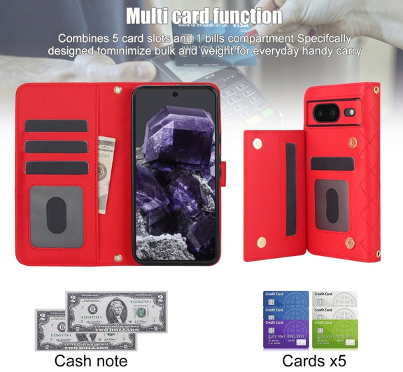 For Google Pixel 8 Crossbody Multifunction Rhombic Leather Phone Case(Red)