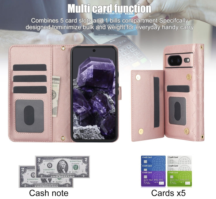 For Google Pixel 8 Crossbody Multifunction Rhombic Leather Phone Case(Rose Gold)