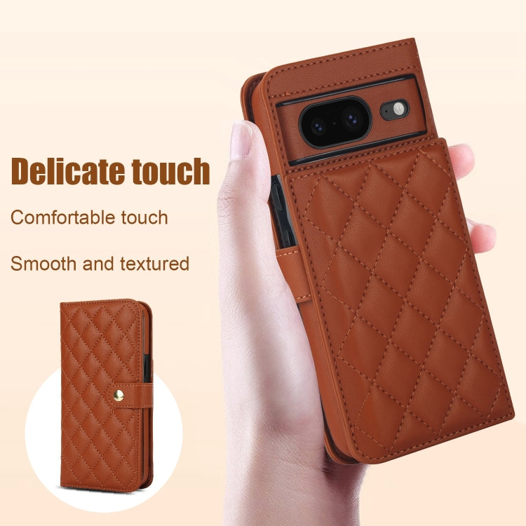 For Google Pixel 8 Crossbody Multifunction Rhombic Leather Phone Case(Brown)