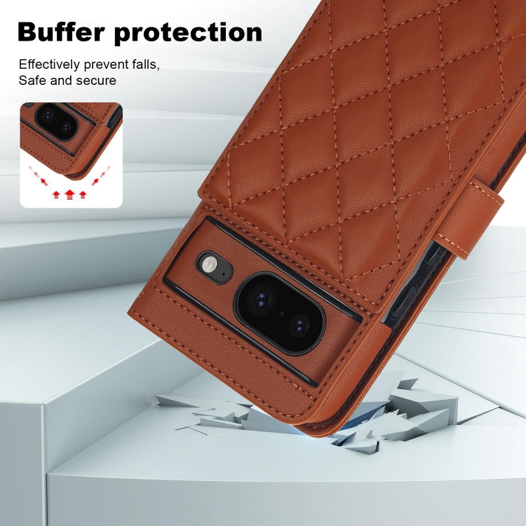 For Google Pixel 8 Crossbody Multifunction Rhombic Leather Phone Case(Brown)