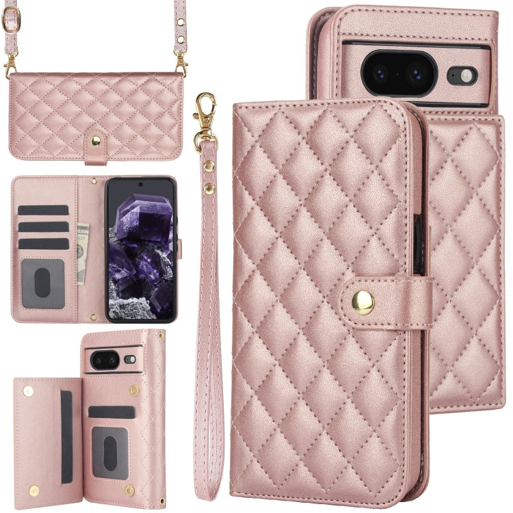 For Google Pixel 8a Crossbody Multifunction Rhombic Leather Phone Case(Rose Gold)